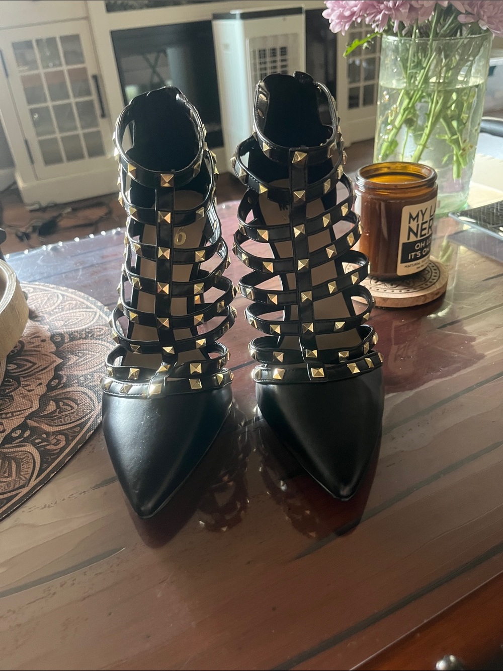 BRAND NEW GORGEOUS Black Studded Strappy Pointed-Toe Women’s Boots